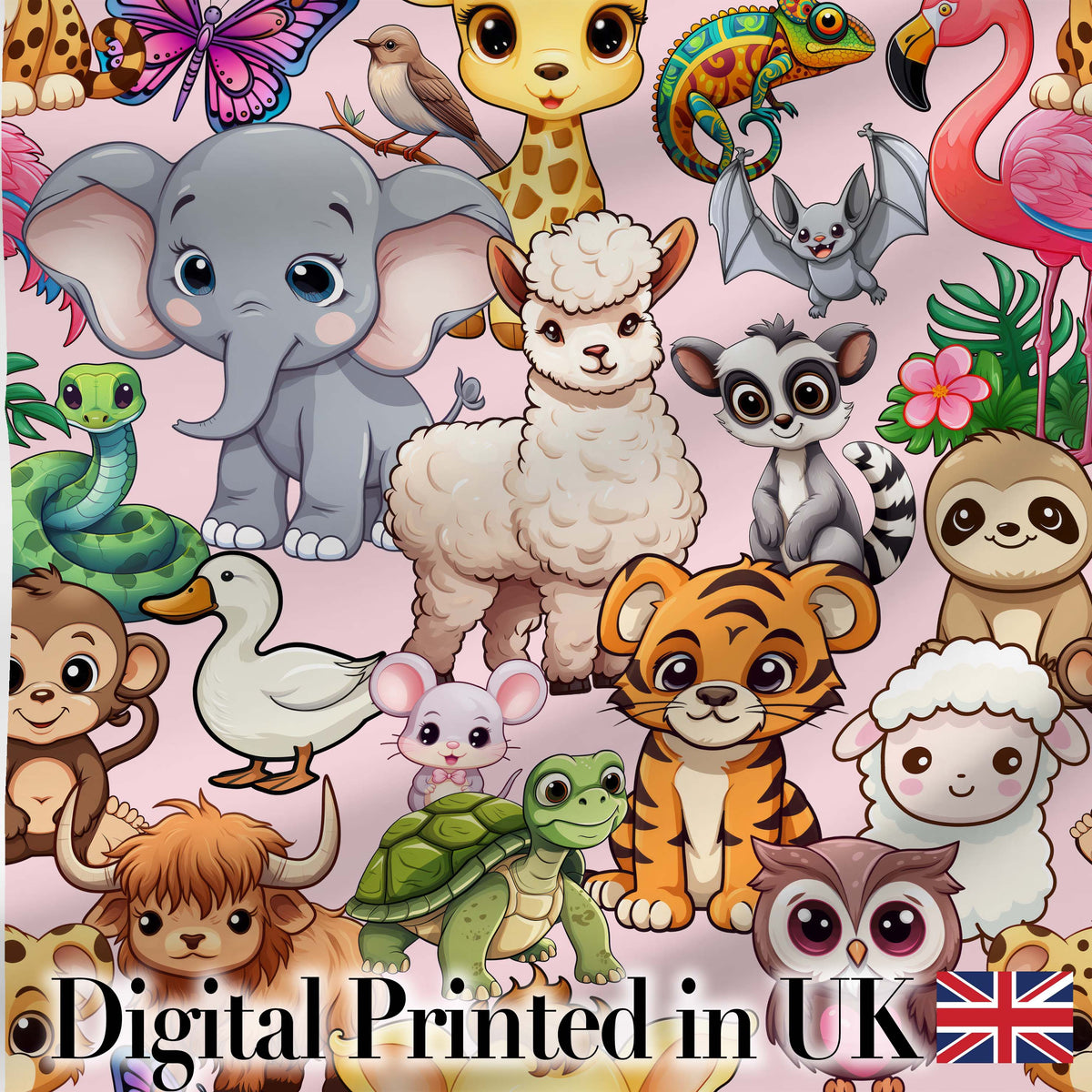 Cute Cartoon Jungle Safari Animals Seamless Pattern on Pink Background Digital Print Fabric by the Metre UK Sewing Quilting Textile