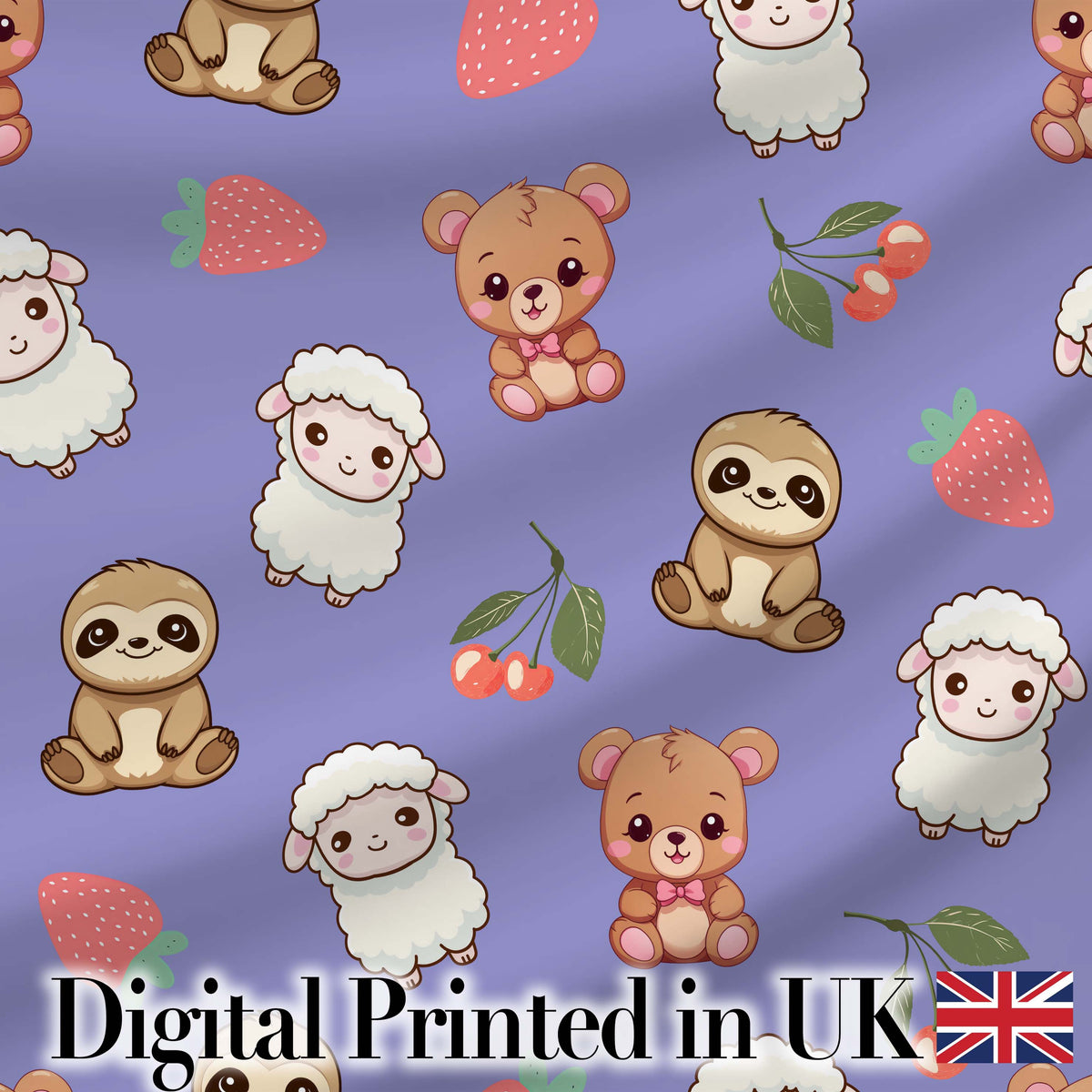 Cute Bear Sloth Lamb Cherry Strawberry Seamless Pattern on Lavender Digital Print Fabric by the Metre UK Sewing Quilting Textile