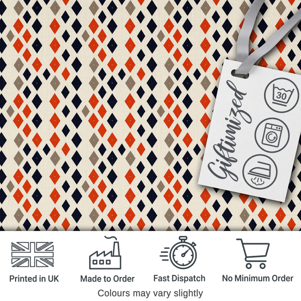 Diamond Geometric Seamless Pattern in Navy Orange Beige Digital Print Fabric by the Metre UK Sewing Quilting Textile