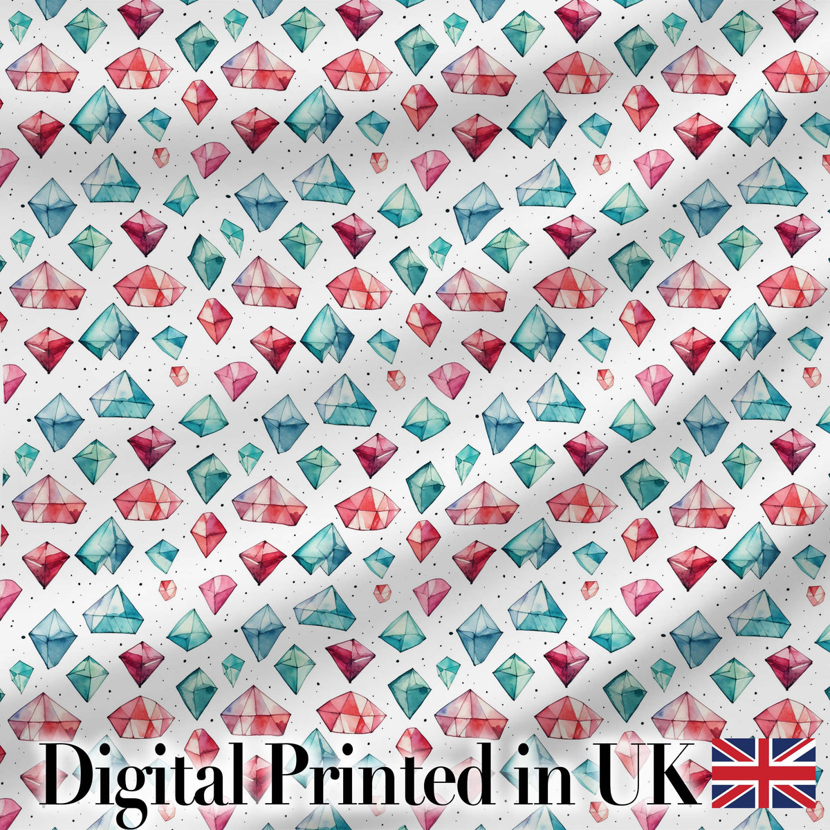 Watercolor Gem Crystal Seamless Pattern on White Digital Print Fabric by the Metre UK Sewing Quilting Textile