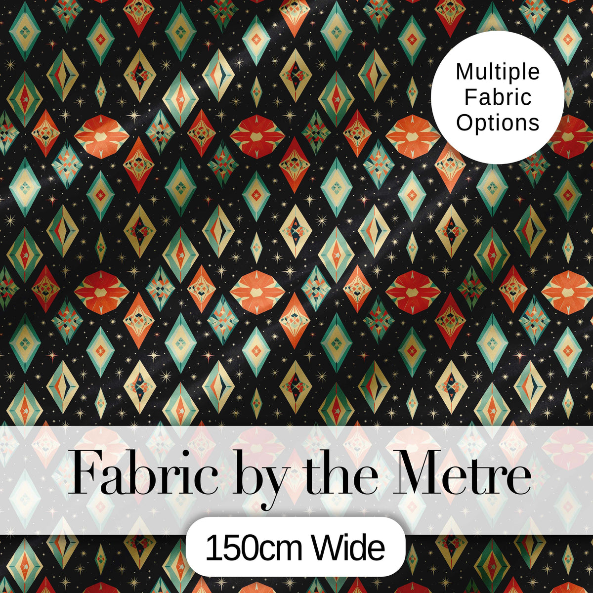 Diamond Star Seamless Pattern on Black Digital Print Fabric by the Metre UK Sewing Quilting Textile