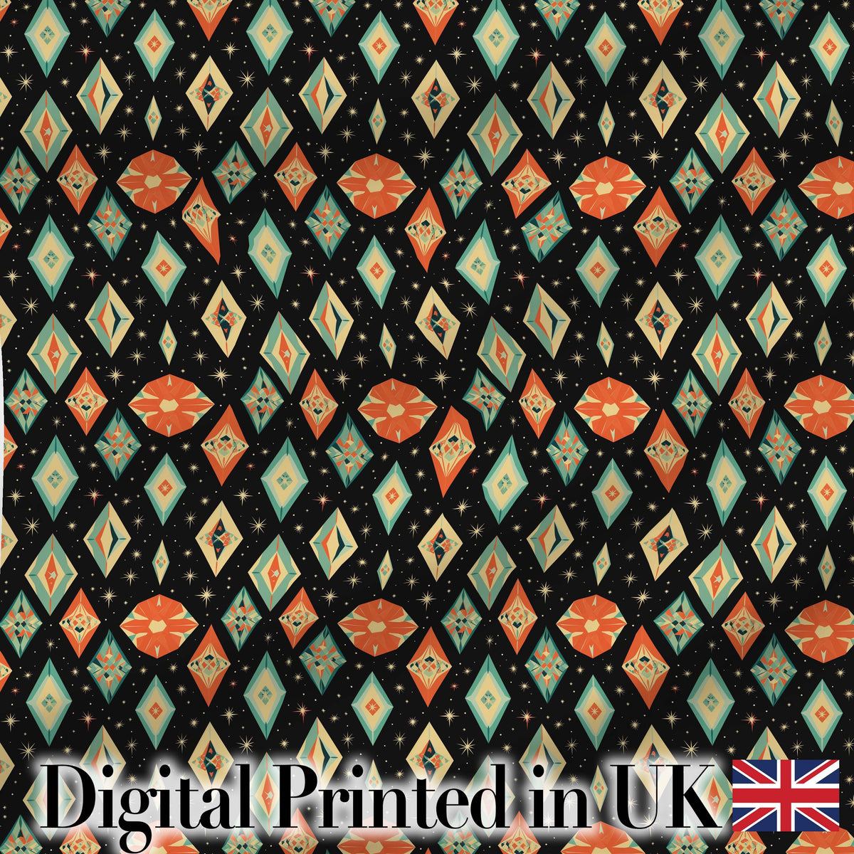 Diamond Star Seamless Pattern on Black Digital Print Fabric by the Metre UK Sewing Quilting Textile