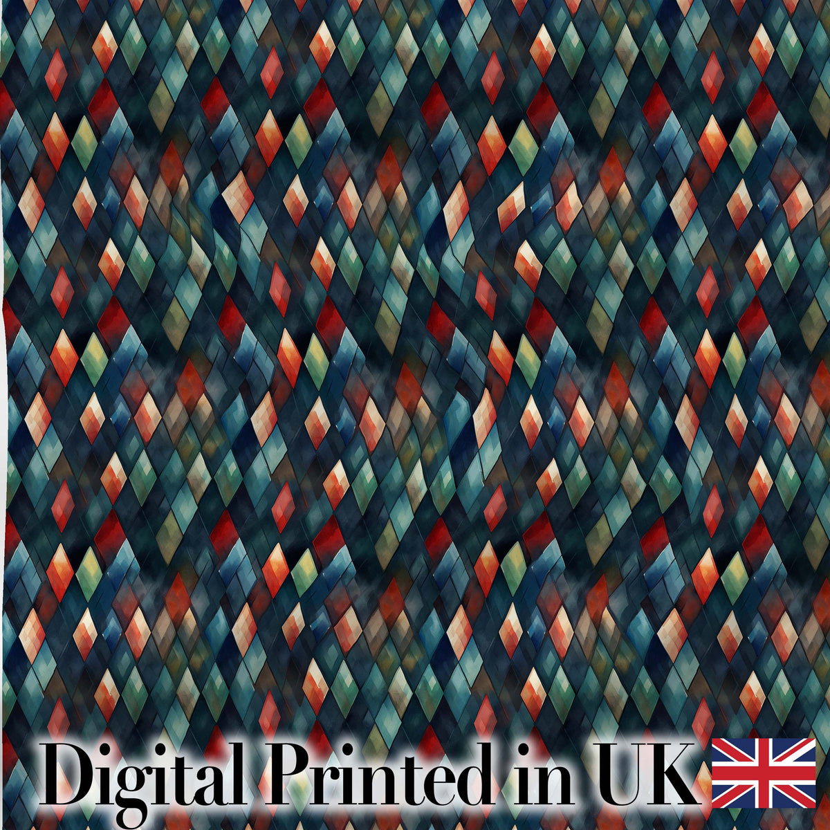 Dark Abstract Diamond Seamless Pattern in Blue Red Digital Print Fabric by the Metre UK Sewing Quilting Textile