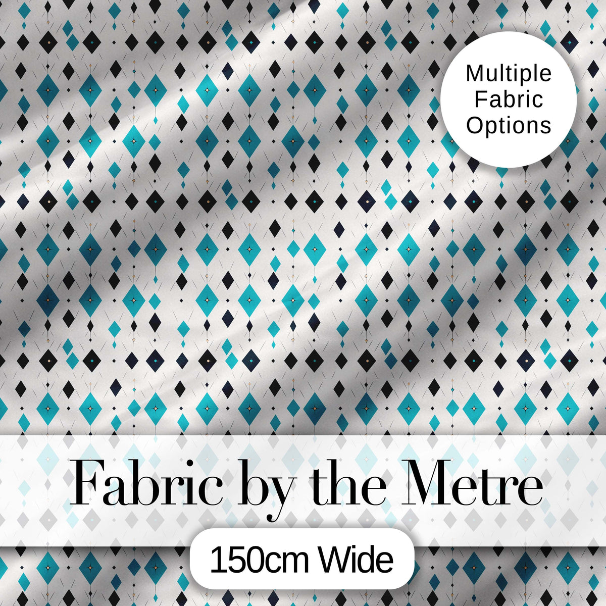 Minimal Teal Black Diamond Geometric Seamless Pattern Digital Print Fabric by the Metre UK Sewing Quilting Textile