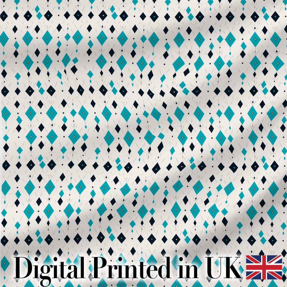 Minimal Teal Black Diamond Geometric Seamless Pattern Digital Print Fabric by the Metre UK Sewing Quilting Textile