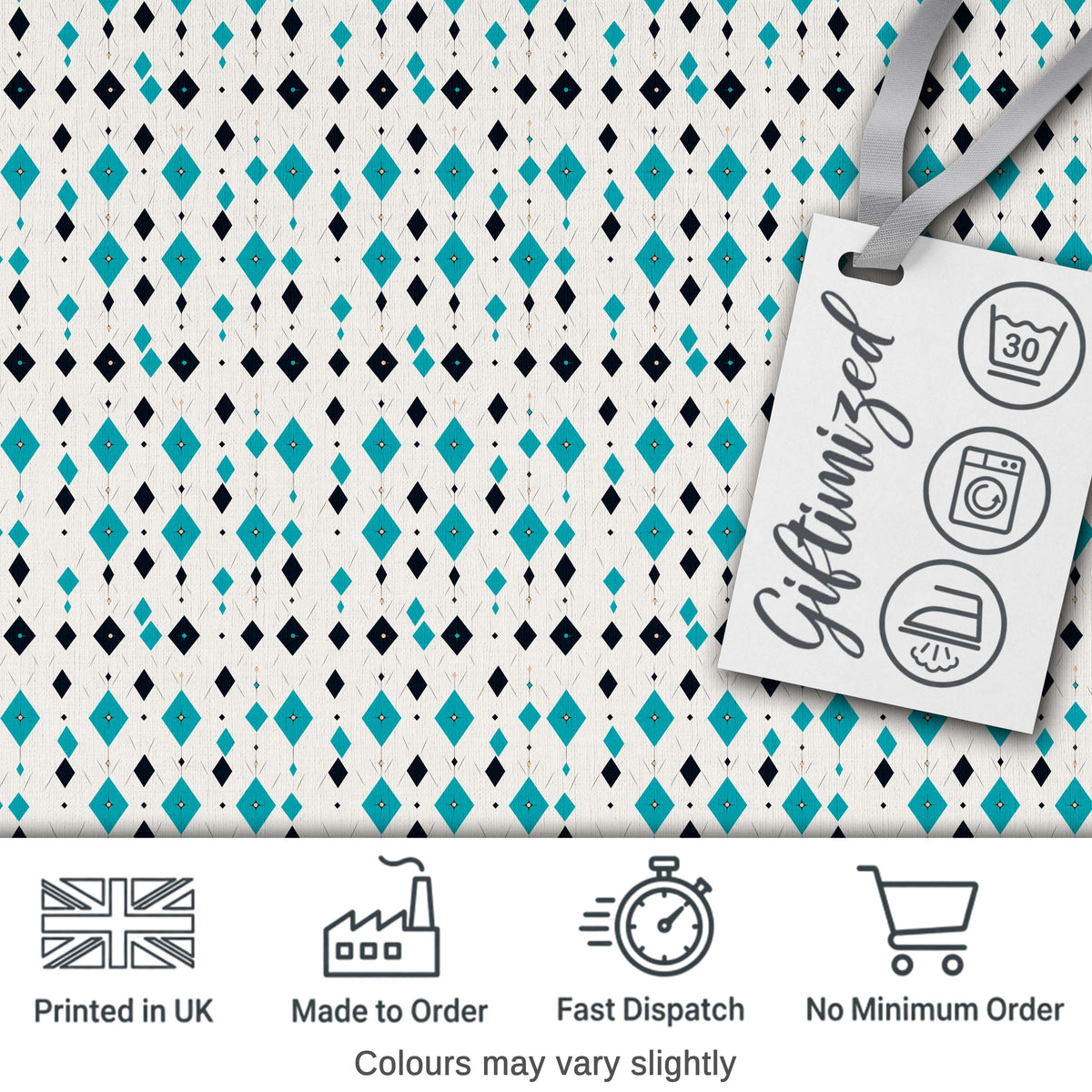 Minimal Teal Black Diamond Geometric Seamless Pattern Digital Print Fabric by the Metre UK Sewing Quilting Textile