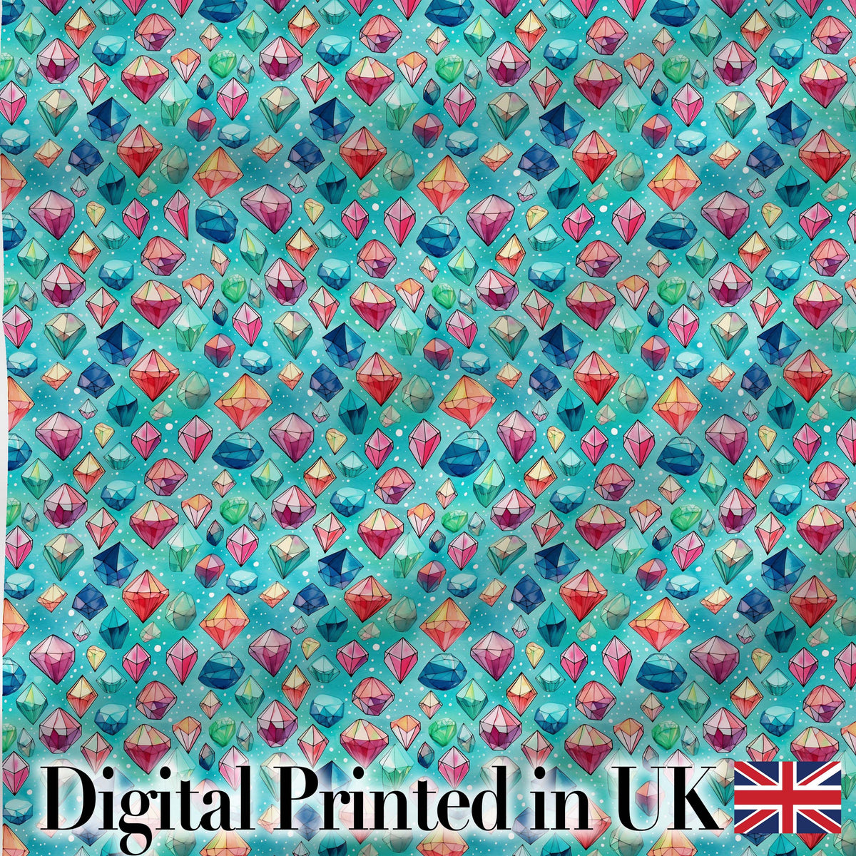 Colorful Gem Crystal Diamond Seamless Pattern on Teal Background Digital Print Fabric by the Metre UK Sewing Quilting Textile