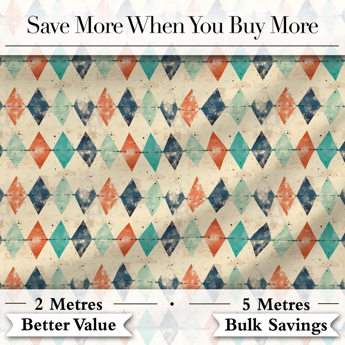Vintage Distressed Diamond Geometric Seamless Pattern Digital Print Fabric by the Metre UK Sewing Quilting Textile