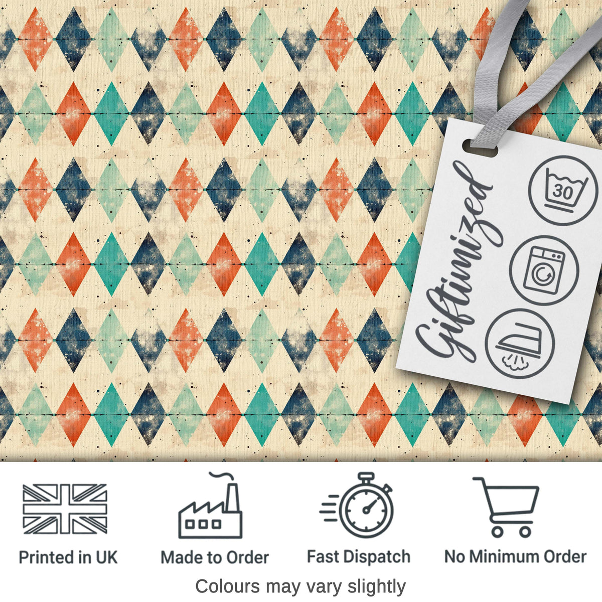 Vintage Distressed Diamond Geometric Seamless Pattern Digital Print Fabric by the Metre UK Sewing Quilting Textile