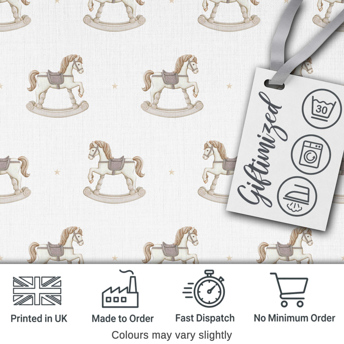 Vintage Wooden Rocking Horse Seamless Pattern on Soft Neutral Background Digital Print Fabric by the Metre UK Sewing Quilting Textile