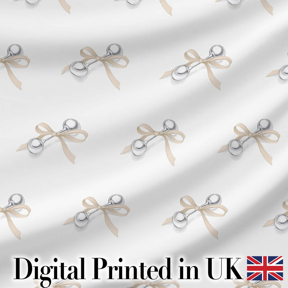 Elegant Silver Bell Ribbon Seamless Pattern on Soft White Background Digital Print Fabric by the Metre UK Sewing Quilting Textile