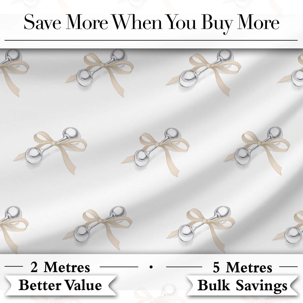 Elegant Silver Bell Ribbon Seamless Pattern on Soft White Background Digital Print Fabric by the Metre UK Sewing Quilting Textile