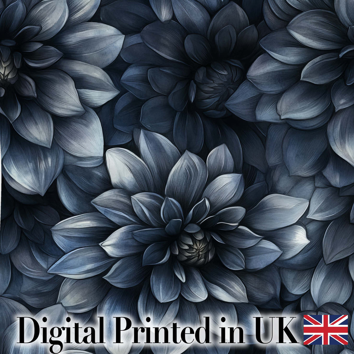 Monochrome Dark Blue Floral Seamless Pattern Elegant Botanical Design Digital Print Fabric by the Metre UK Sewing Quilting Textile