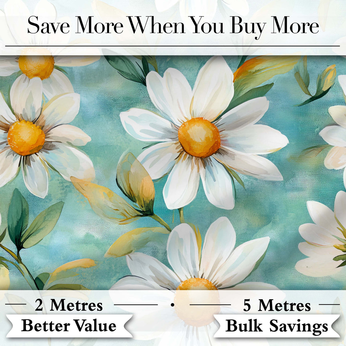 Watercolor White Daisy Floral Seamless Pattern on Teal Background Digital Print Fabric by the Metre UK Sewing Quilting Textile