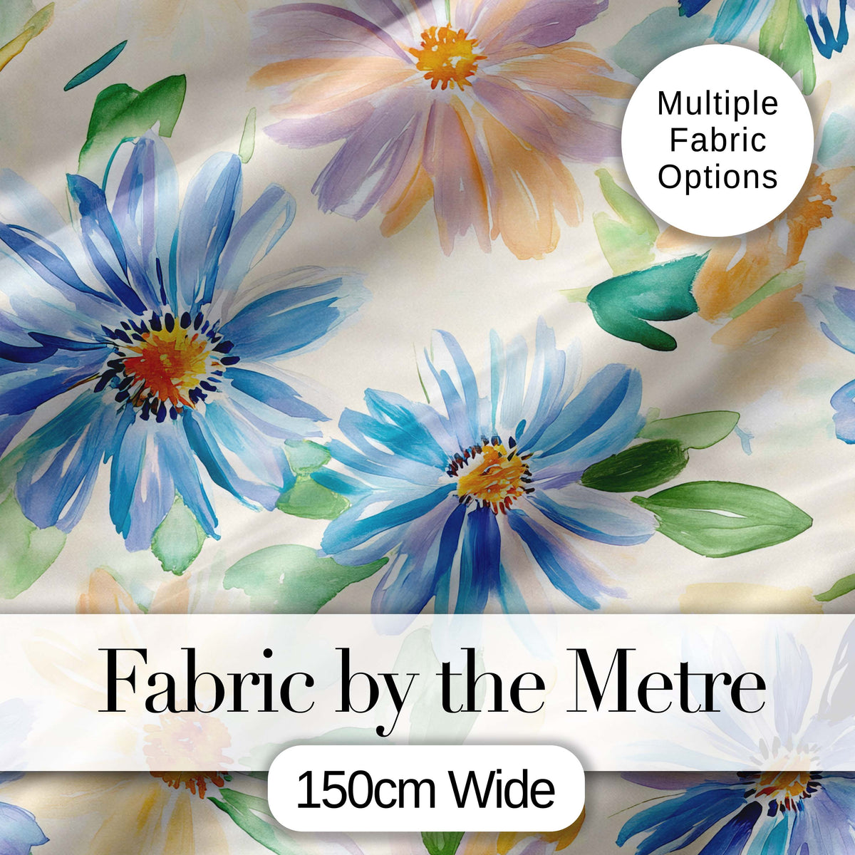 Watercolor Blue Floral Botanical Seamless Pattern on Cream Background Digital Print Fabric by the Metre UK Sewing Quilting Textile