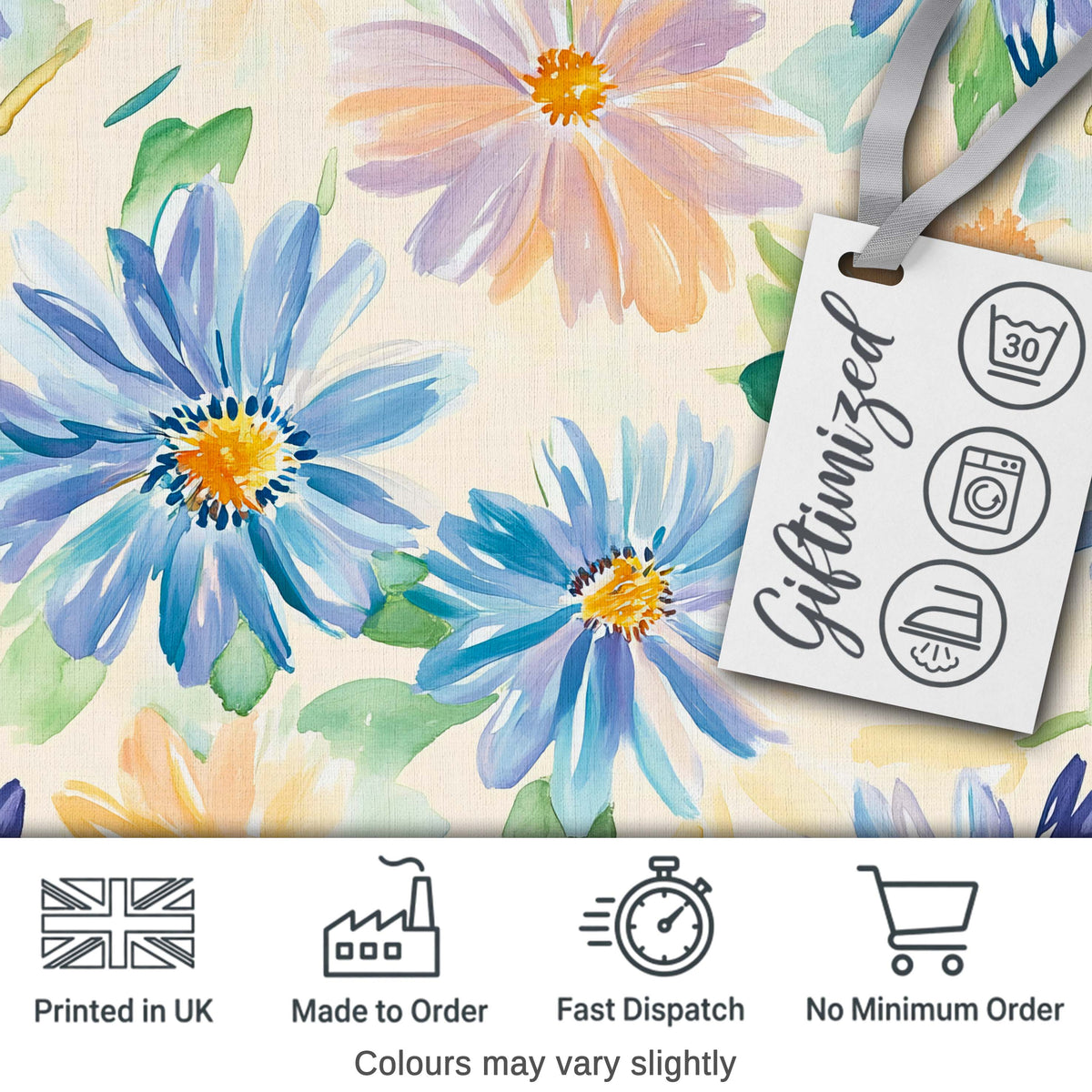 Watercolor Blue Floral Botanical Seamless Pattern on Cream Background Digital Print Fabric by the Metre UK Sewing Quilting Textile