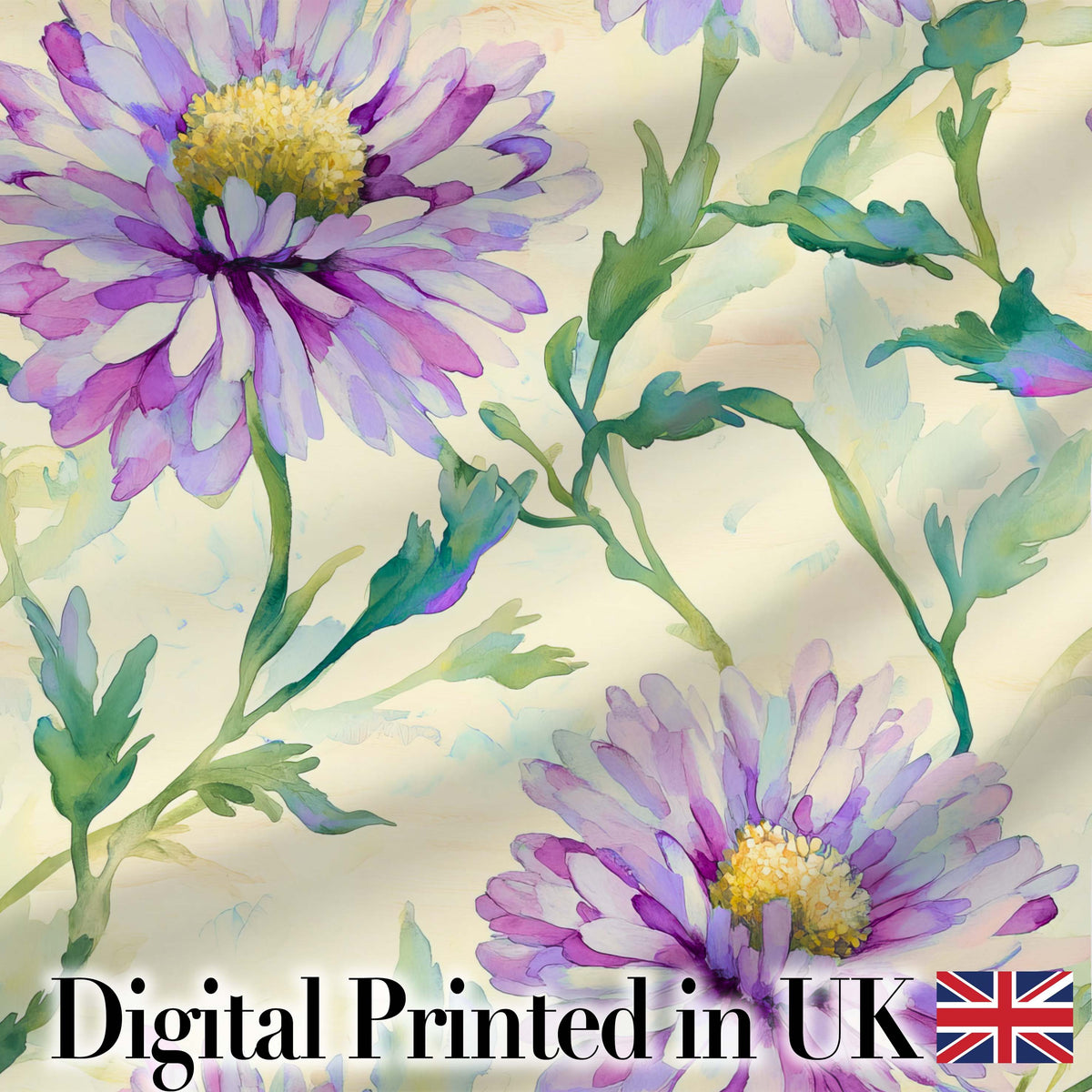 Watercolor Purple Daisy Floral Seamless Pattern on Soft Cream Background Digital Print Fabric by the Metre UK Sewing Quilting Textile