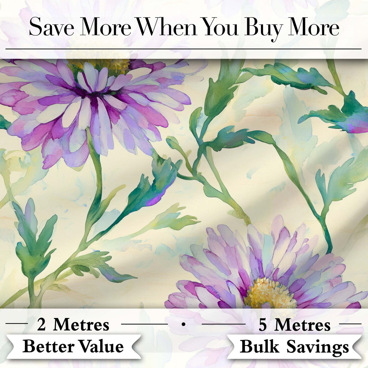 Watercolor Purple Daisy Floral Seamless Pattern on Soft Cream Background Digital Print Fabric by the Metre UK Sewing Quilting Textile