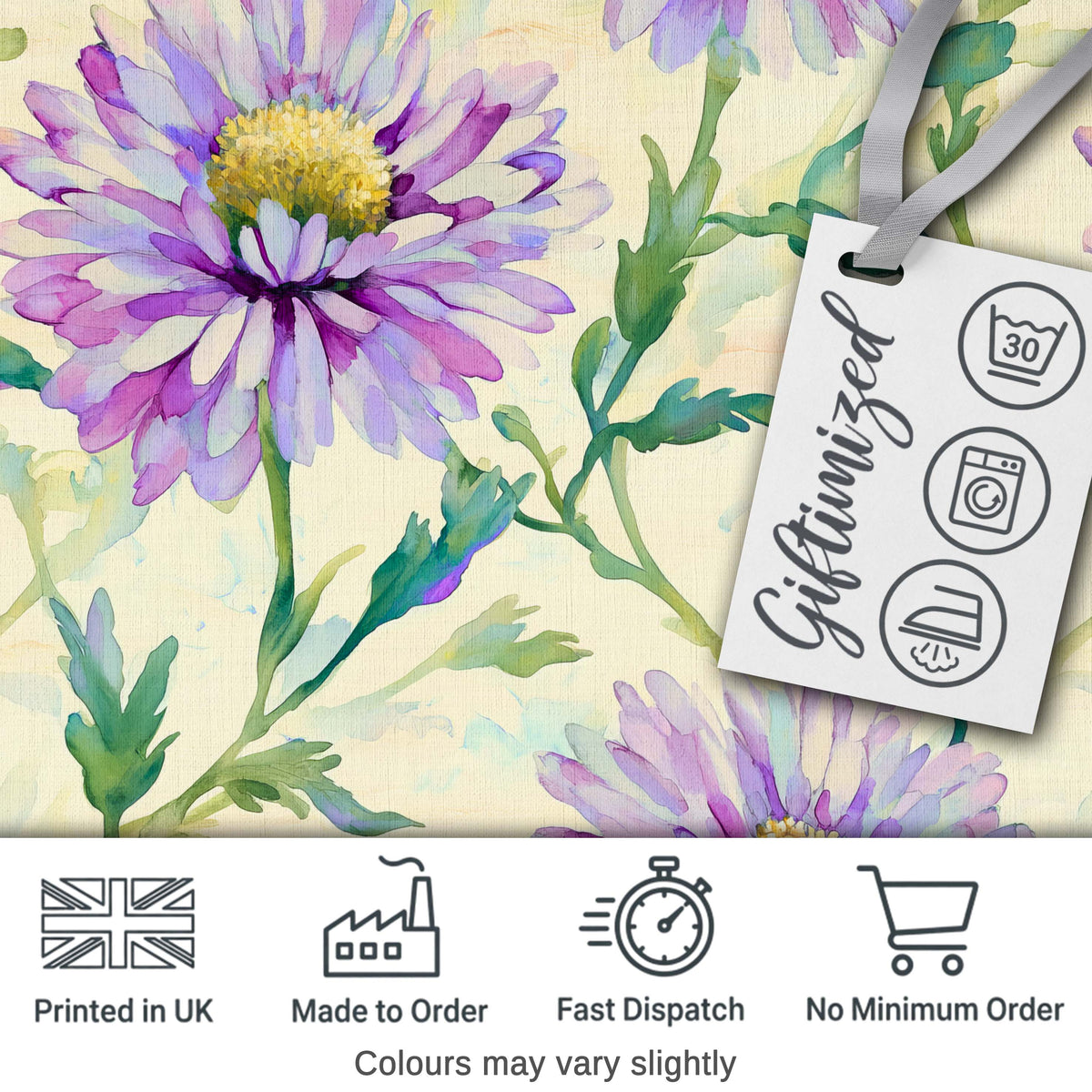 Watercolor Purple Daisy Floral Seamless Pattern on Soft Cream Background Digital Print Fabric by the Metre UK Sewing Quilting Textile