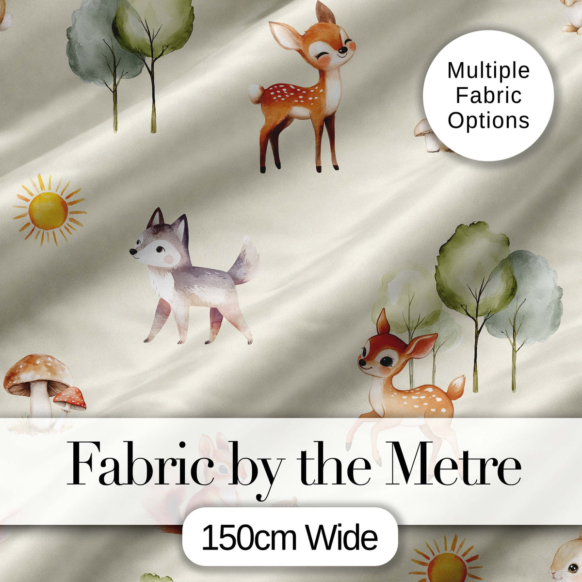 Cute Woodland Deer Fox Mushroom Seamless Pattern on Cream Background Digital Print Fabric by the Metre UK Sewing Quilting Textile