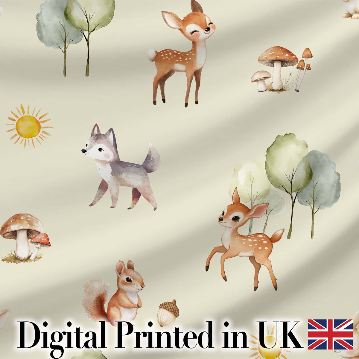Cute Woodland Deer Fox Mushroom Seamless Pattern on Cream Background Digital Print Fabric by the Metre UK Sewing Quilting Textile