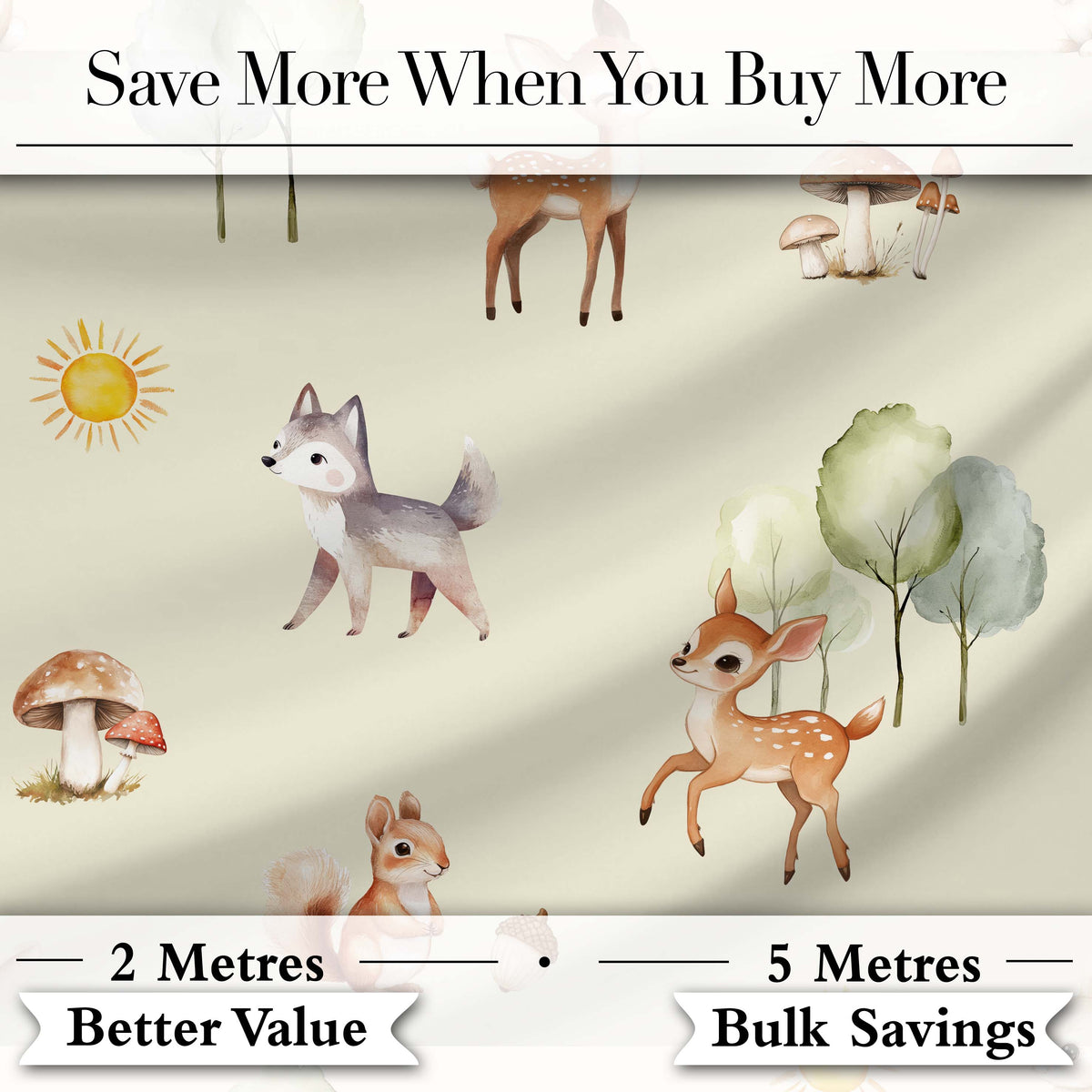Cute Woodland Deer Fox Mushroom Seamless Pattern on Cream Background Digital Print Fabric by the Metre UK Sewing Quilting Textile