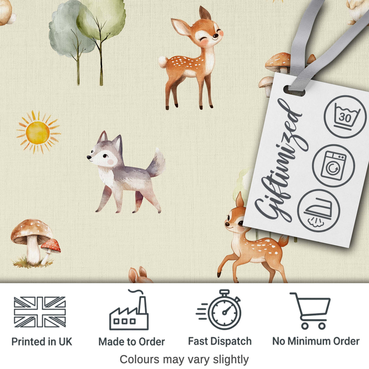 Cute Woodland Deer Fox Mushroom Seamless Pattern on Cream Background Digital Print Fabric by the Metre UK Sewing Quilting Textile