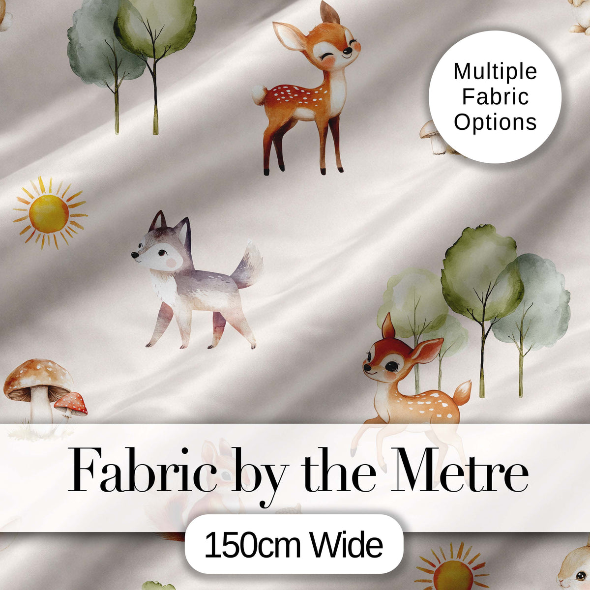 Cute Woodland Deer Fox Mushroom Seamless Pattern on Soft Beige Background Digital Print Fabric by the Metre UK Sewing Quilting Textile