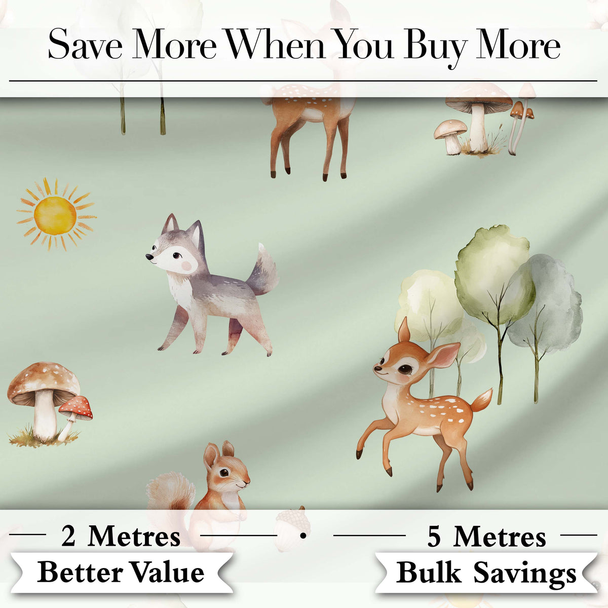 Cute Woodland Deer Fox Mushroom Seamless Pattern on Sage Green Background Digital Print Fabric by the Metre UK Sewing Quilting Textile