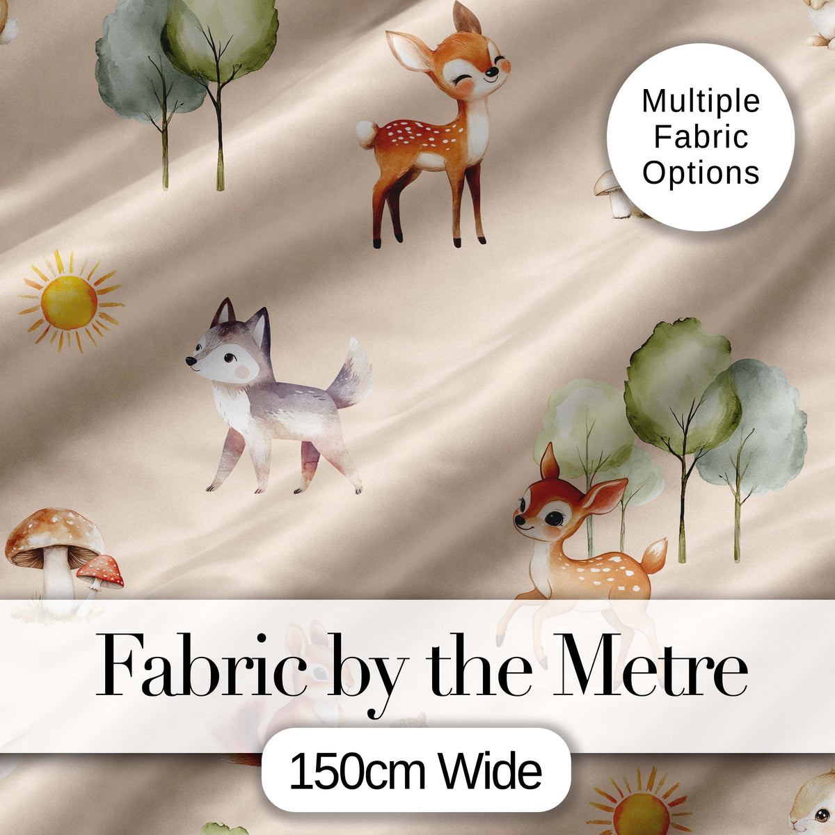 Cute Woodland Deer Fox Mushroom Seamless Pattern on Warm Beige Background Digital Print Fabric by the Metre UK Sewing Quilting Textile