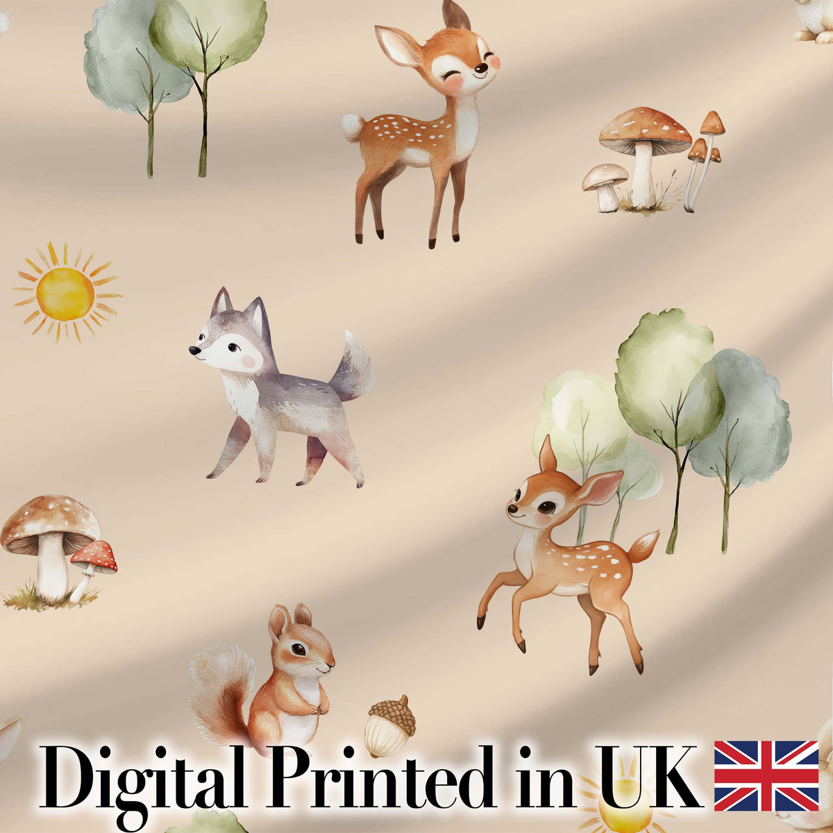 Cute Woodland Deer Fox Mushroom Seamless Pattern on Warm Beige Background Digital Print Fabric by the Metre UK Sewing Quilting Textile