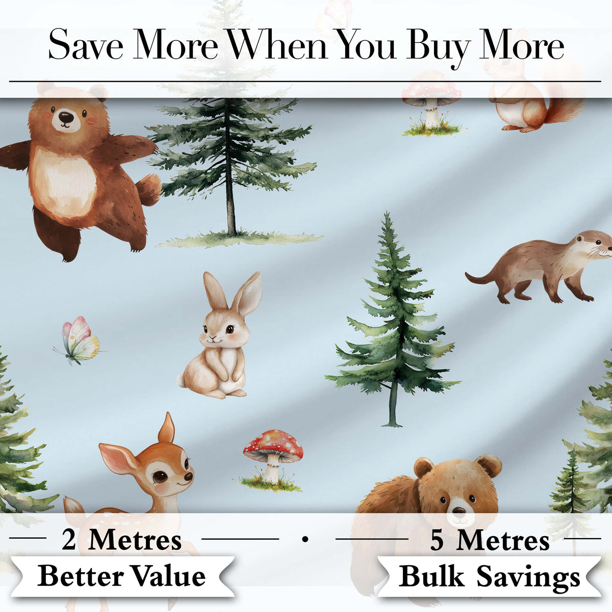 Cute Woodland Forest Animals Bear Bunny Deer on Cream Background Digital Print Fabric by the Metre UK Sewing Quilting Textile