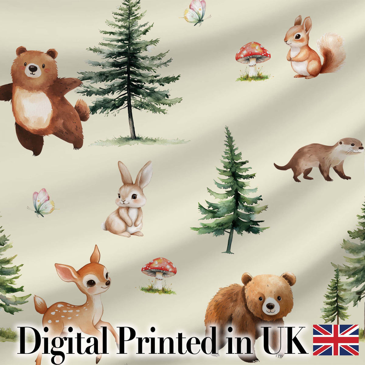 Cute Woodland Forest Animals Bear Bunny Deer on Light Grey Background Digital Print Fabric by the Metre UK Sewing Quilting Textile