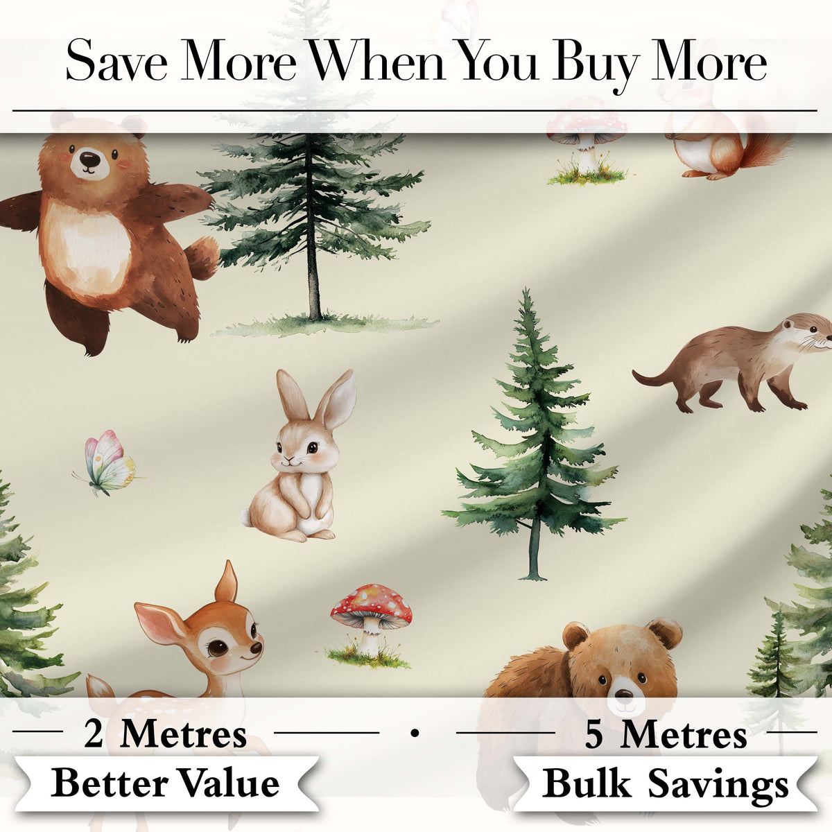 Cute Woodland Forest Animals Bear Bunny Deer on Light Grey Background Digital Print Fabric by the Metre UK Sewing Quilting Textile