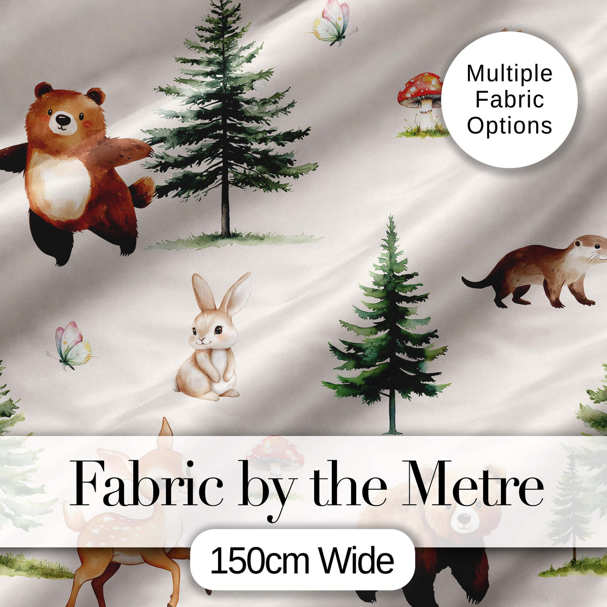 Cute Woodland Forest Animals Bear Bunny Deer on Sage Green Background Digital Print Fabric by the Metre UK Sewing Quilting Textile