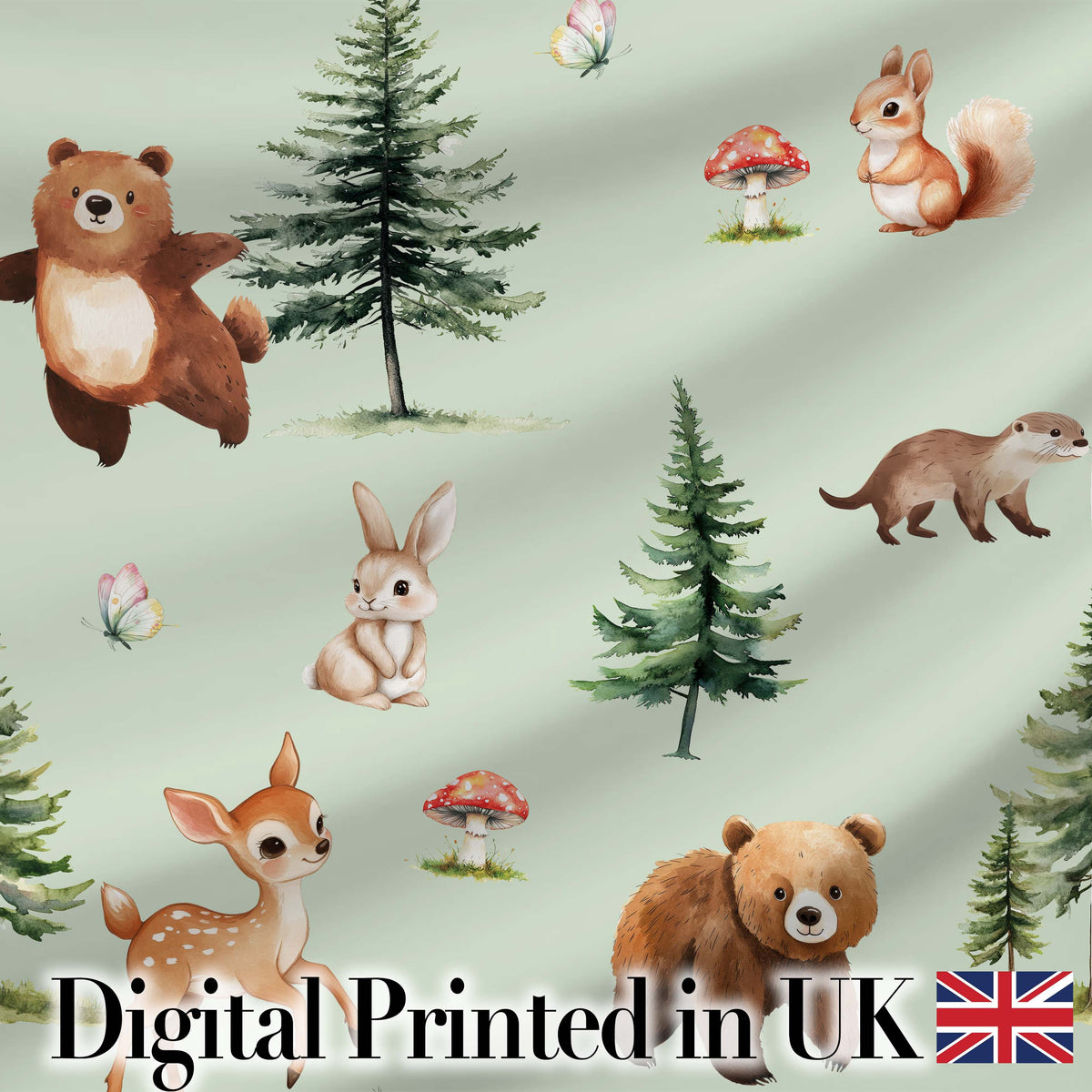 Cute Woodland Forest Animals Bear Bunny Deer on Warm Beige Background Digital Print Fabric by the Metre UK Sewing Quilting Textile