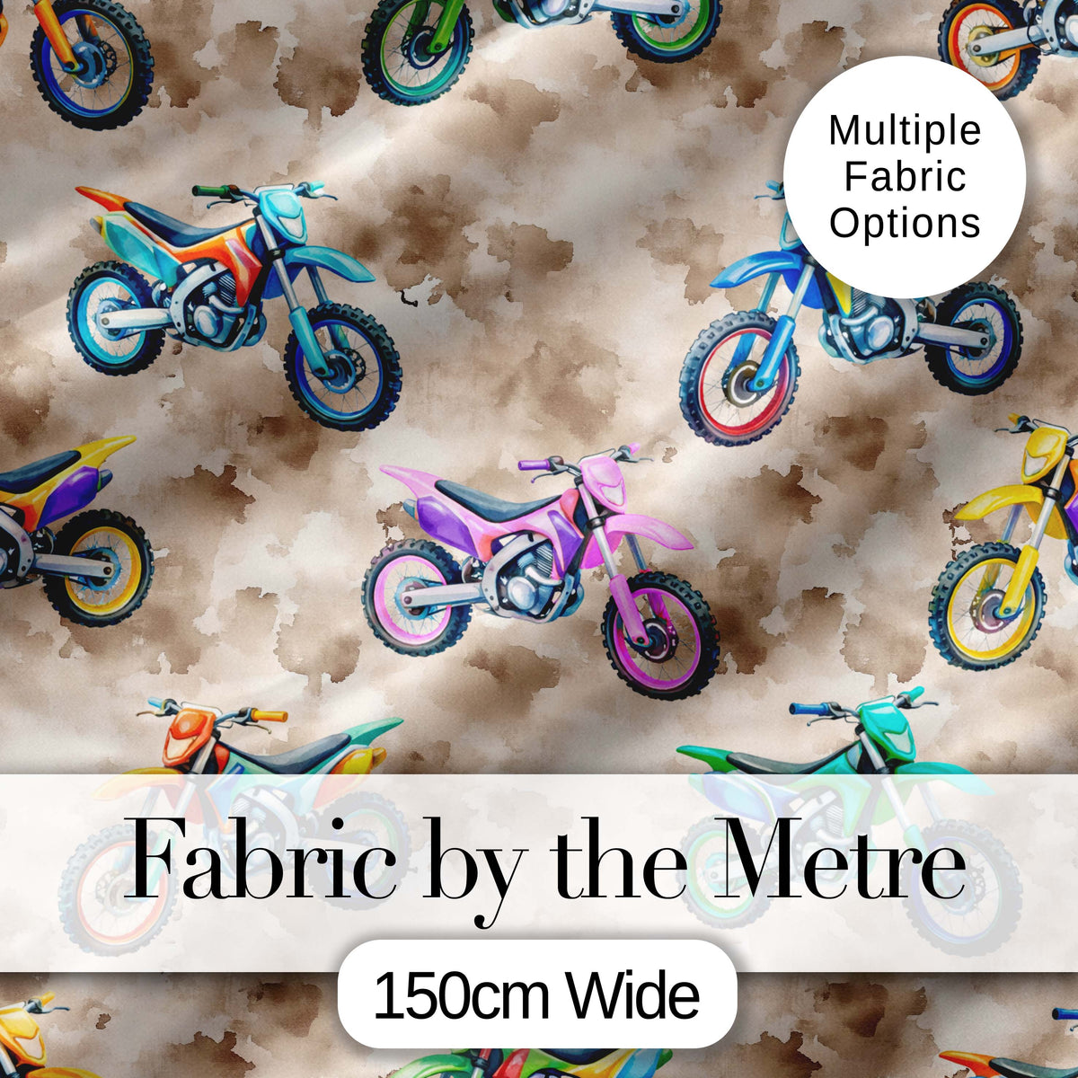 Colorful Kids Dirt Bike Motocross Seamless Pattern on Beige Background Digital Print Fabric by the Metre UK Sewing Quilting Textile