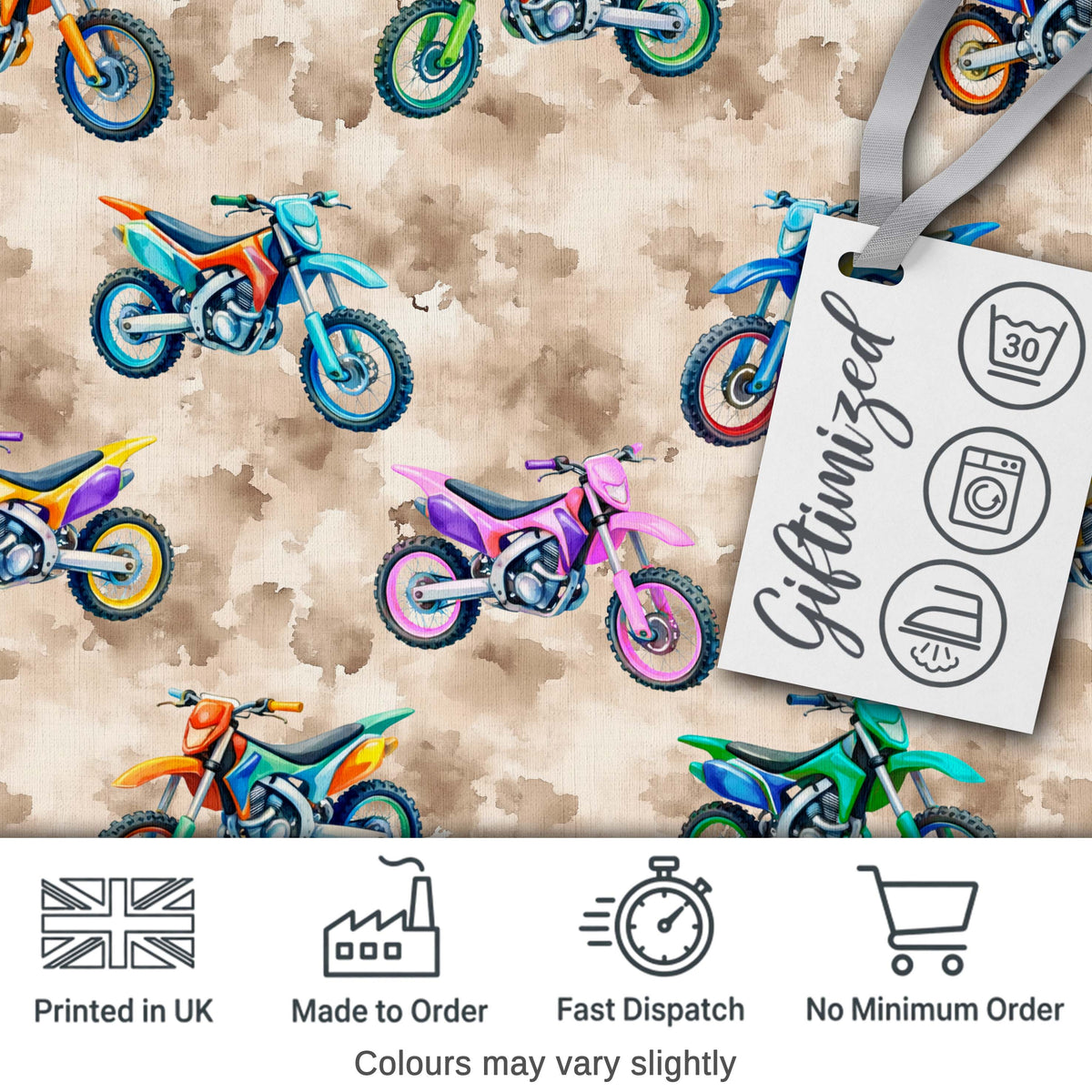 Colorful Kids Dirt Bike Motocross Seamless Pattern on Beige Background Digital Print Fabric by the Metre UK Sewing Quilting Textile