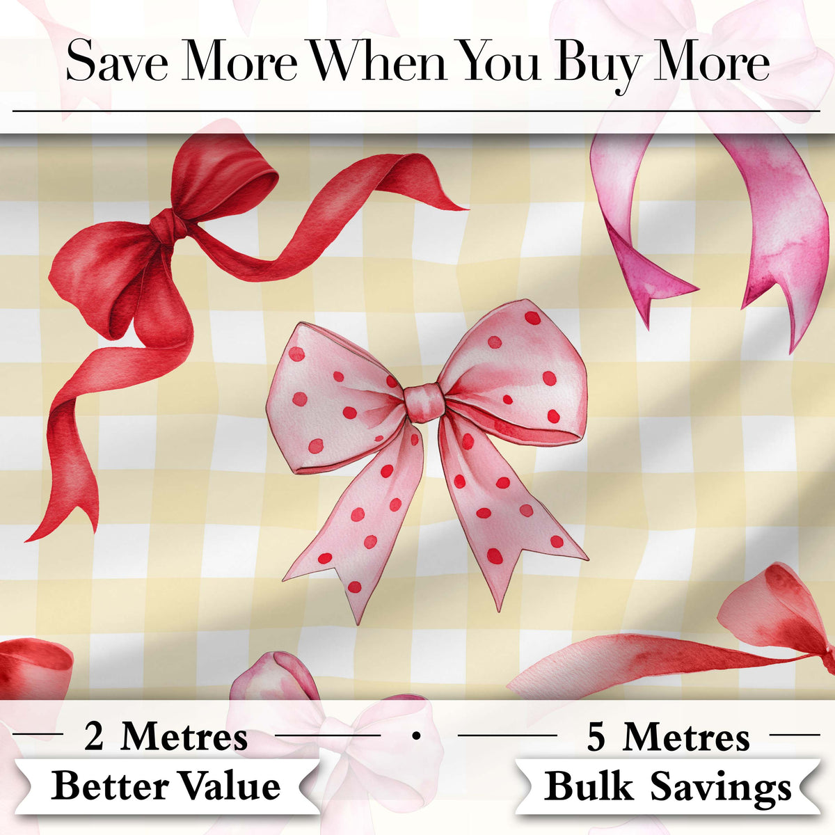 Watercolor Ribbon Bow Seamless Pattern on Yellow Gingham Background Digital Print Fabric by the Metre UK Sewing Quilting Textile