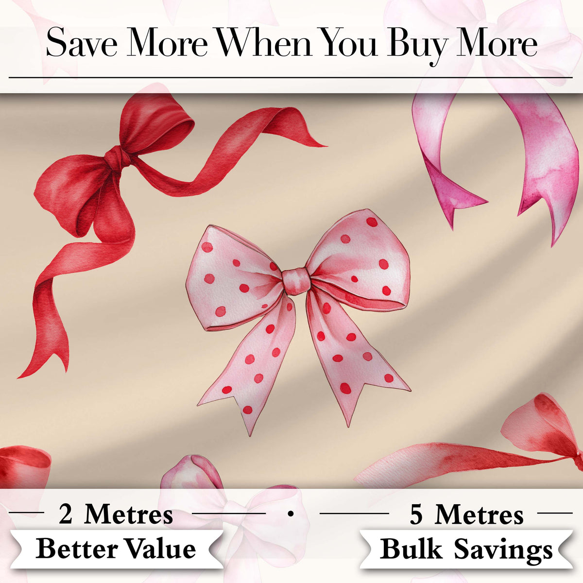 Watercolor Ribbon Bow Seamless Pattern on Beige Background Digital Print Fabric by the Metre UK Sewing Quilting Textile