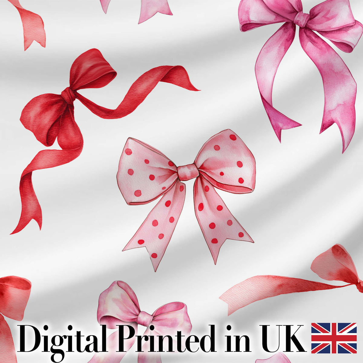 Watercolor Ribbon Bow Seamless Pattern on Light Grey Background Digital Print Fabric by the Metre UK Sewing Quilting Textile