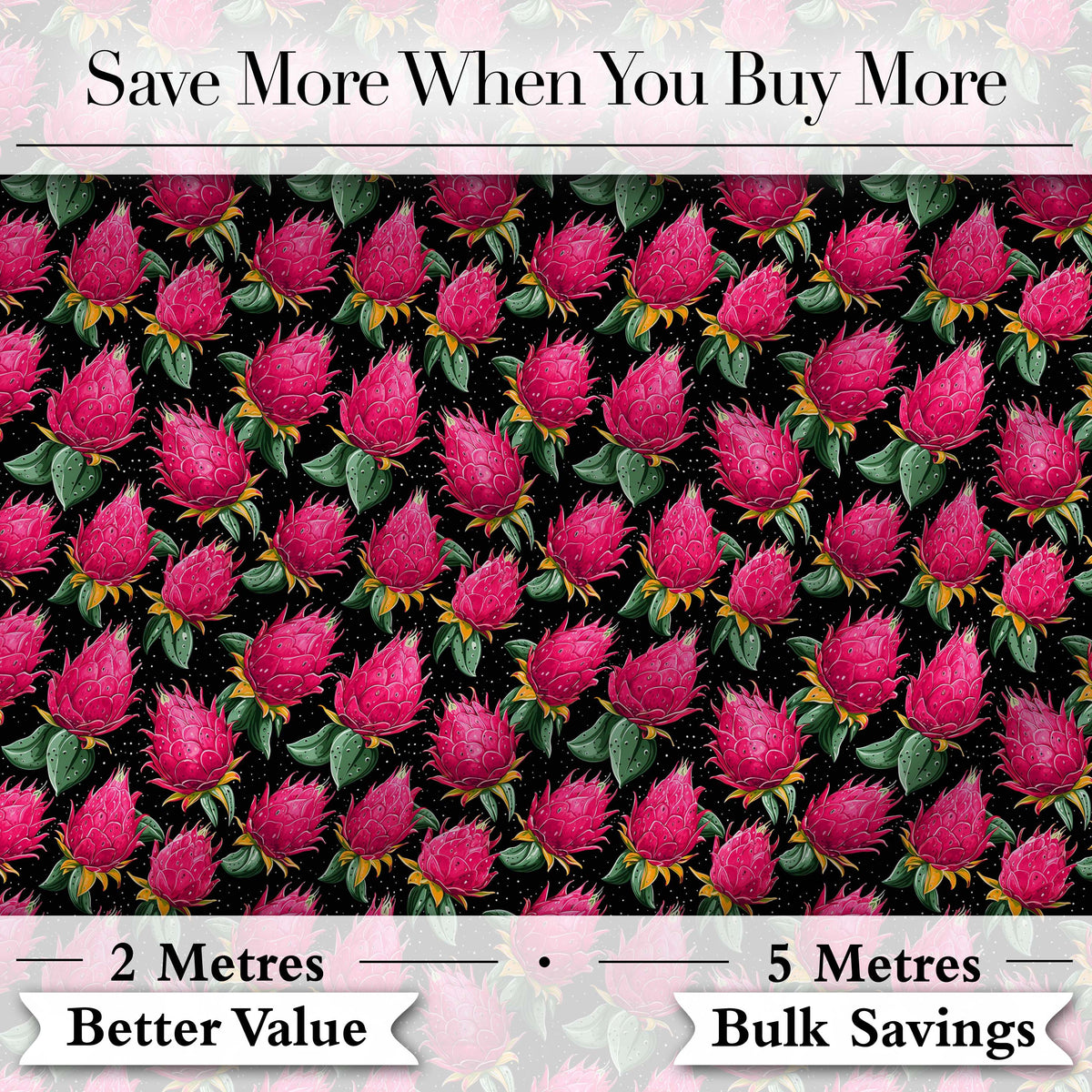 Dragon Fruit Pattern with Green Leaves on Dark Background Digital Print Fabric by the Metre UK Sewing Quilting Textile
