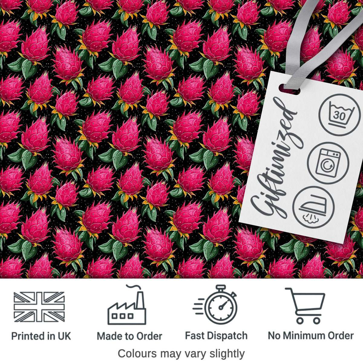 Dragon Fruit Pattern with Green Leaves on Dark Background Digital Print Fabric by the Metre UK Sewing Quilting Textile