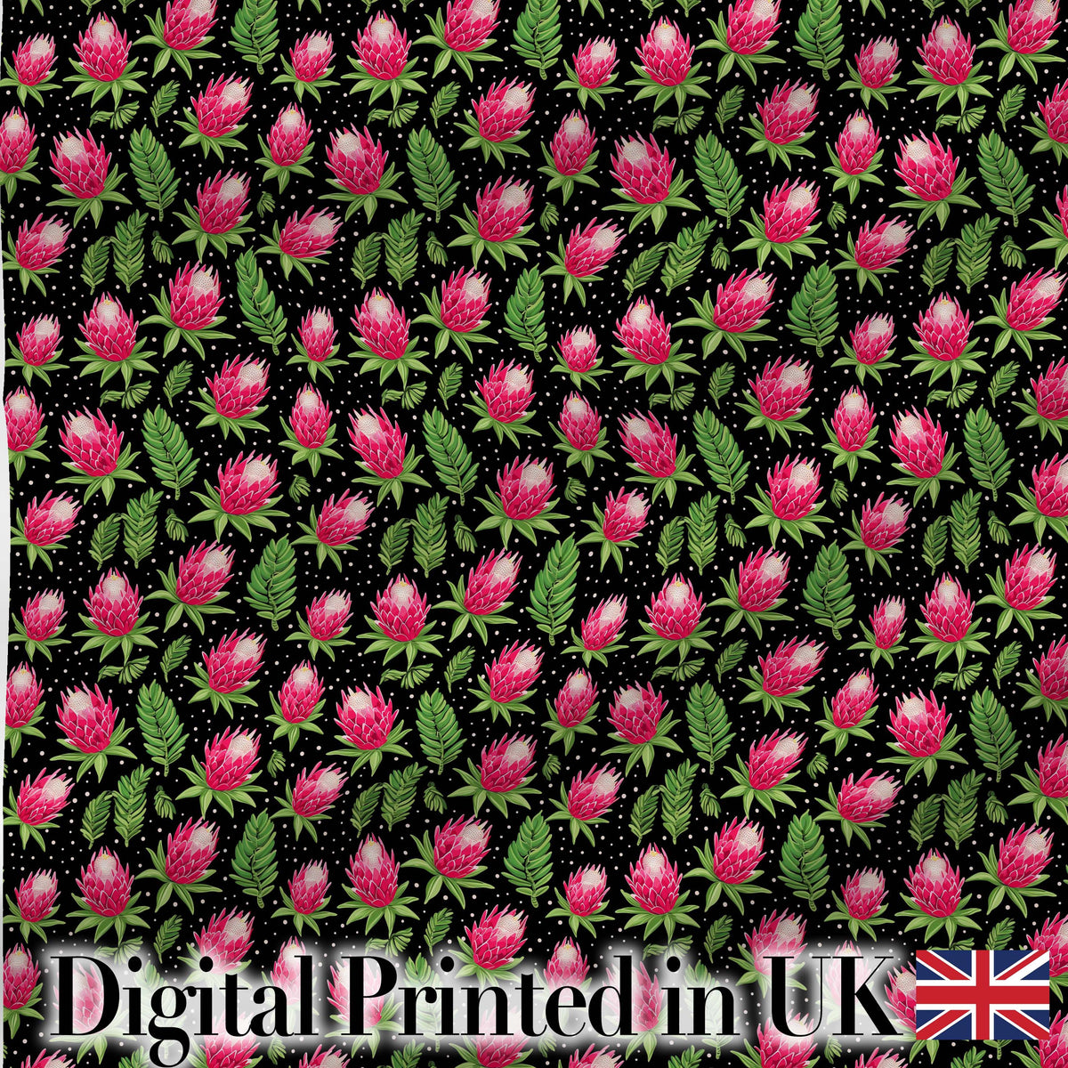 Protea Flower and Fern Leaf Pattern on Black Background Digital Print Fabric by the Metre UK Sewing Quilting Textile