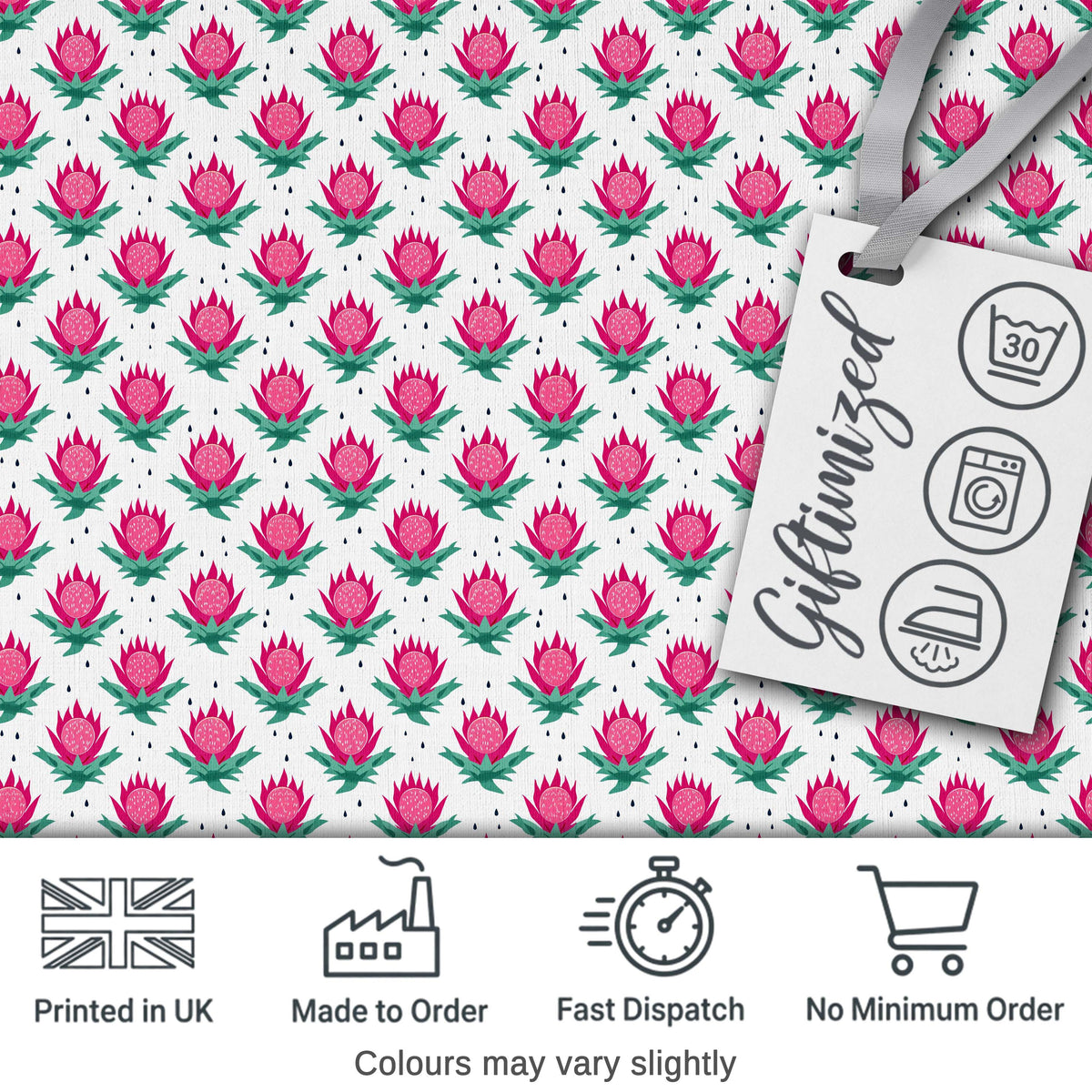 Stylised Pink Floral Bud Pattern with Green Leaves on Light Background Digital Print Fabric by the Metre UK Sewing Quilting Textile