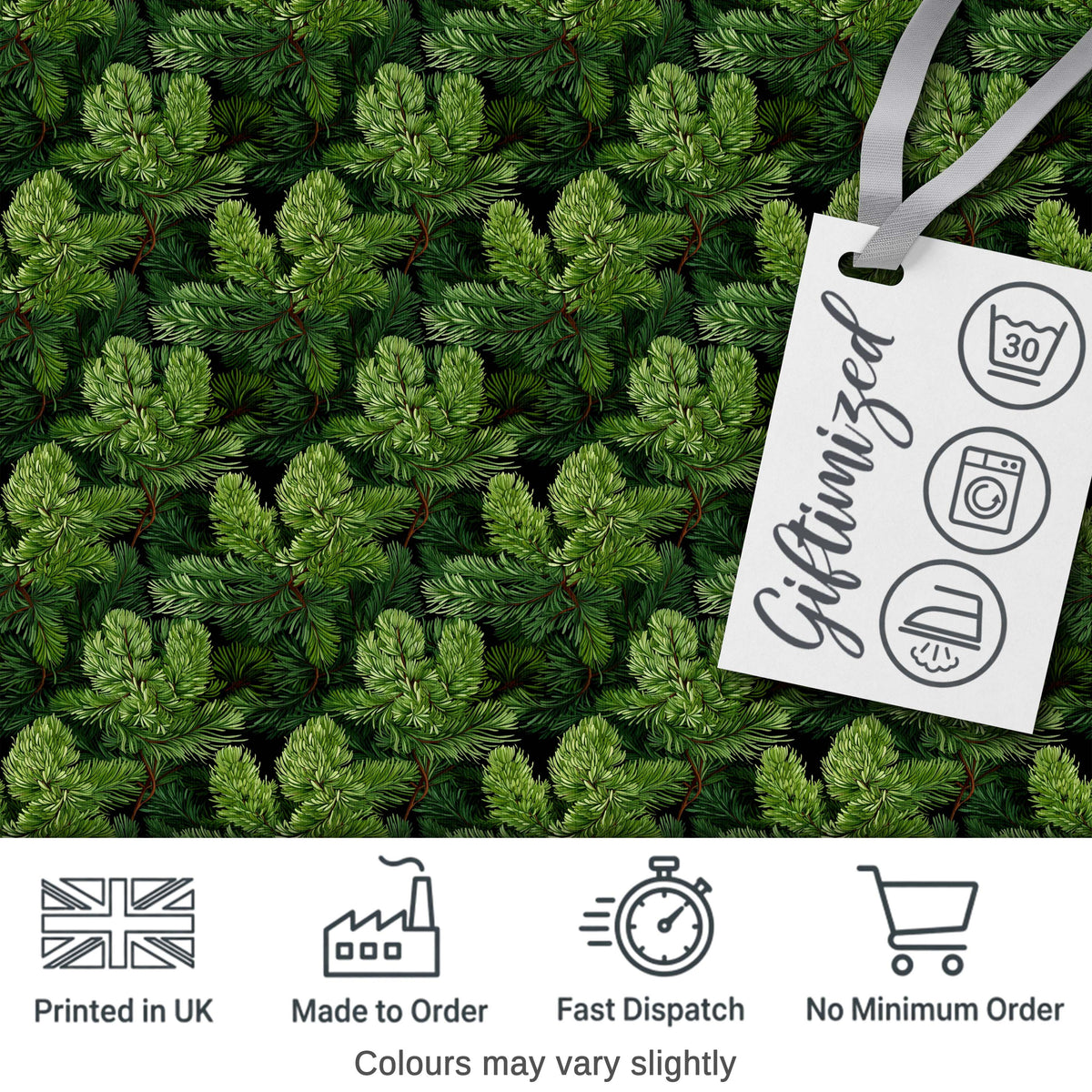 Lush Green Pine Needle with Detailed Evergreen Branches on Dark Background Digital Print Fabric by the Metre UK Sewing Quilting Textile