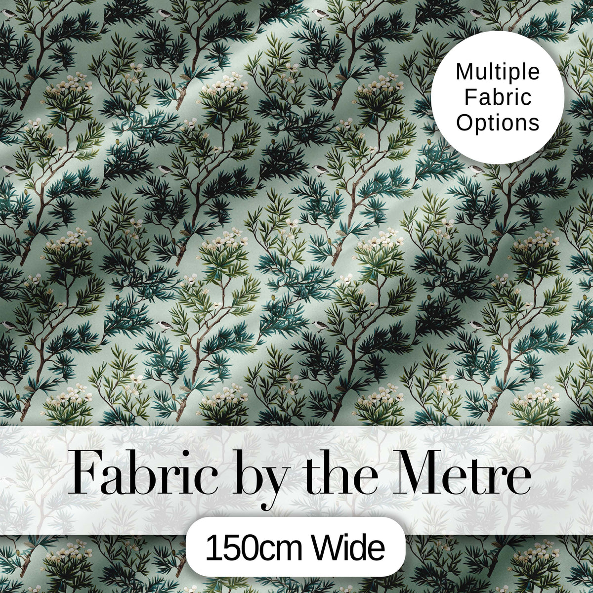 Botanical Pine Branch with White Blossoms and Birds on Soft Green Background Digital Print Fabric by the Metre UK Sewing Quilting Textile