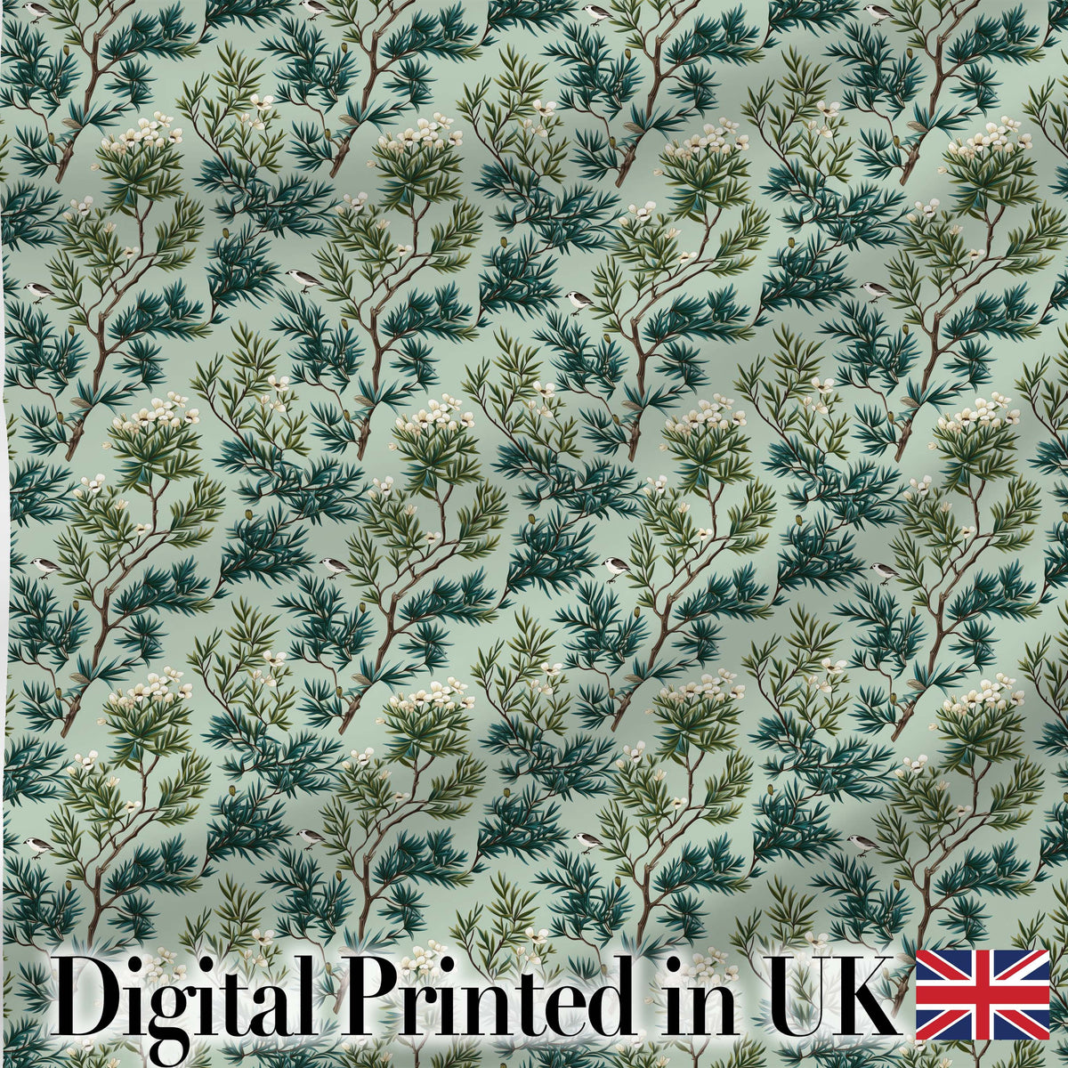 Botanical Pine Branch with White Blossoms and Birds on Soft Green Background Digital Print Fabric by the Metre UK Sewing Quilting Textile
