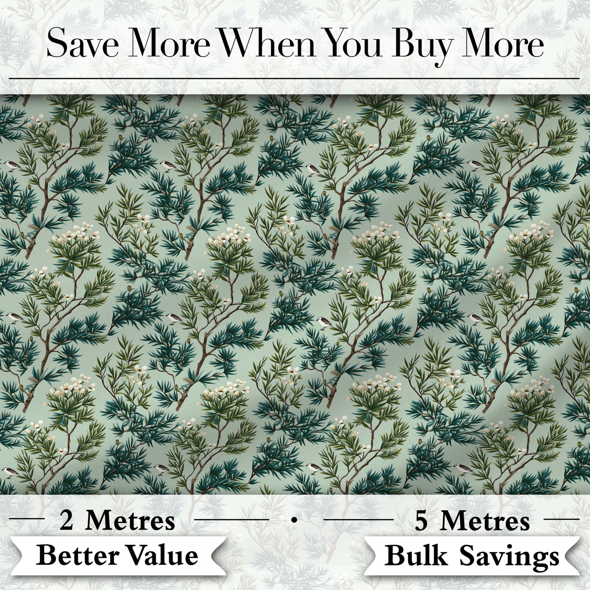 Botanical Pine Branch with White Blossoms and Birds on Soft Green Background Digital Print Fabric by the Metre UK Sewing Quilting Textile
