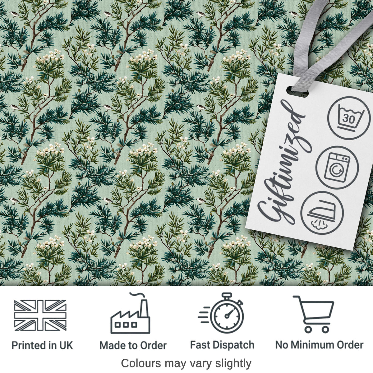 Botanical Pine Branch with White Blossoms and Birds on Soft Green Background Digital Print Fabric by the Metre UK Sewing Quilting Textile